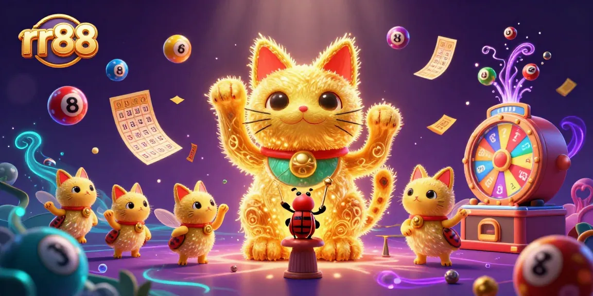 Experience the vibrant world of rr88 casino with colorful lottery excitement and a lucky cat at the center.