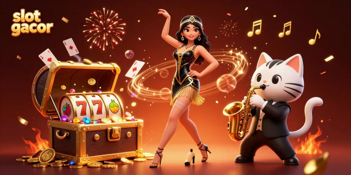 Experience slot gacor excitement with a dazzling scene of a flapper-style woman and a playful cat amidst casino elements.
