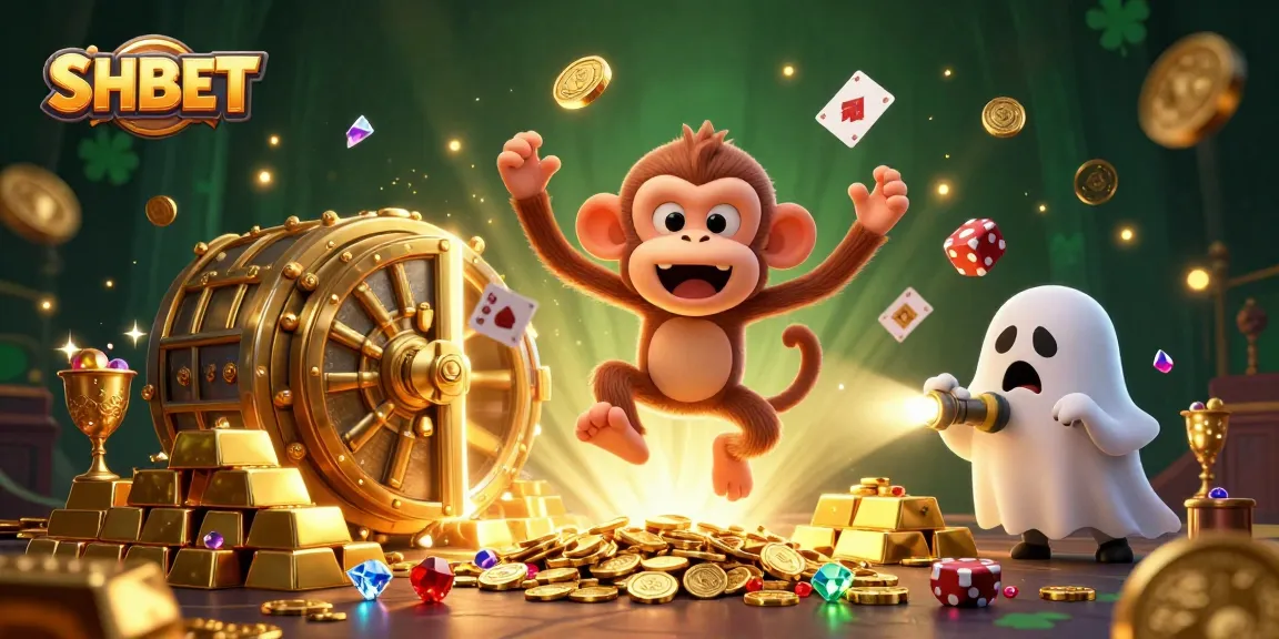 Engage in thrilling gaming at SHBET, featuring a playful monkey and adventurous puppy in a rich casino setting.