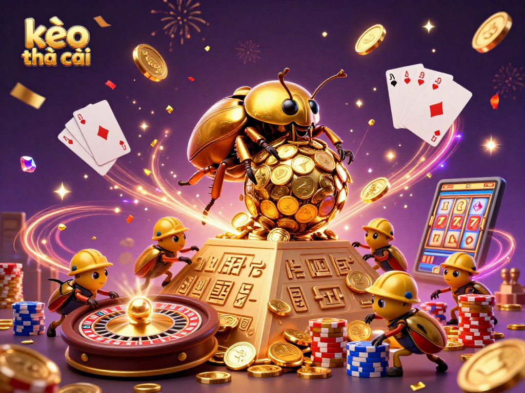 Engage with kèo nhà cái by observing a vibrant 3D scene with golden beetles and dynamic casino elements.
