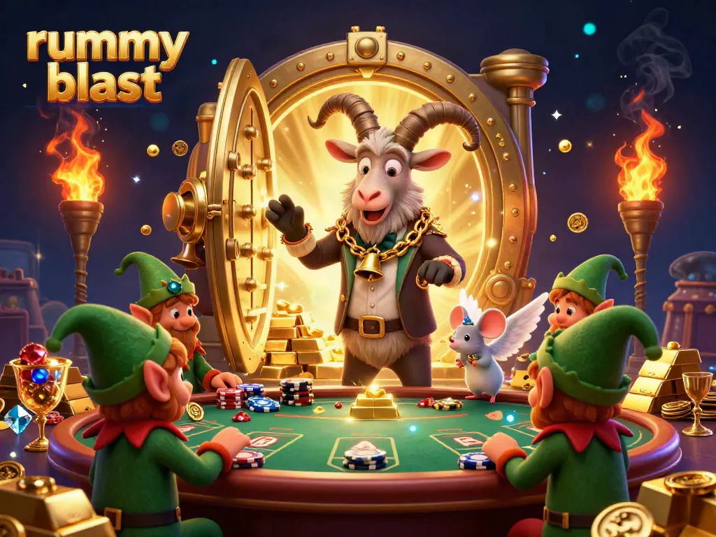 Experience rummy blast in a vibrant casino scene featuring Krampus, an angel mouse, and elfin gremlins amidst luxury.
