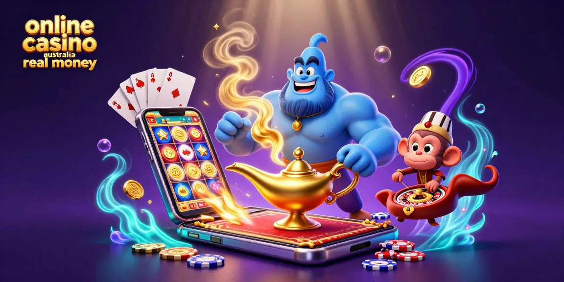 Engage with the online casino Australia real money scene featuring a colorful 3D genie and dynamic gaming elements.