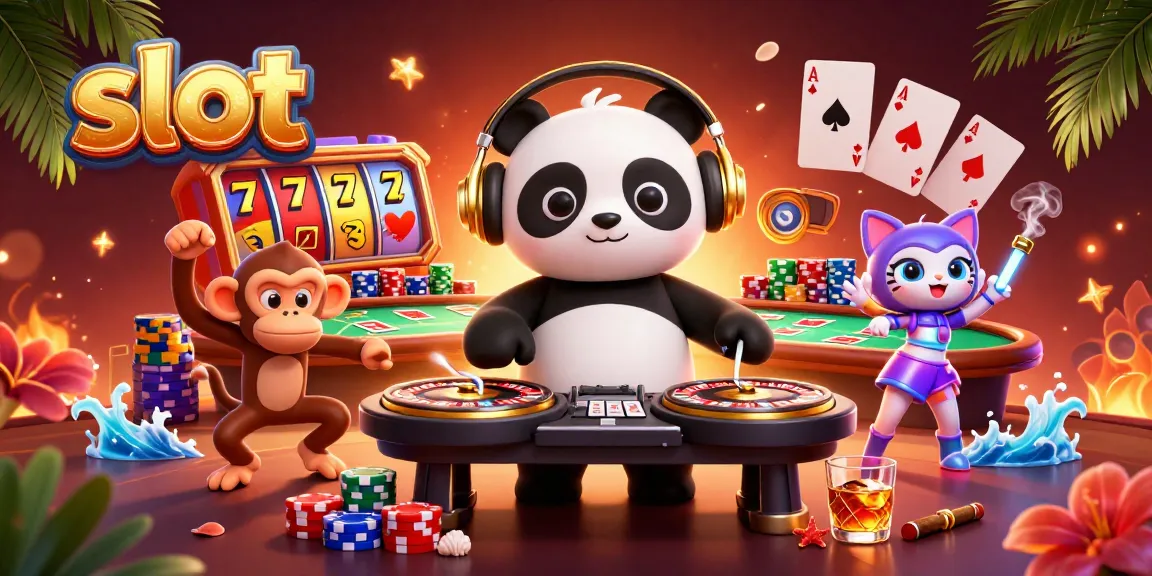 Spin vibrant slot reels while DJ panda and friends dance in this lively casino scene.