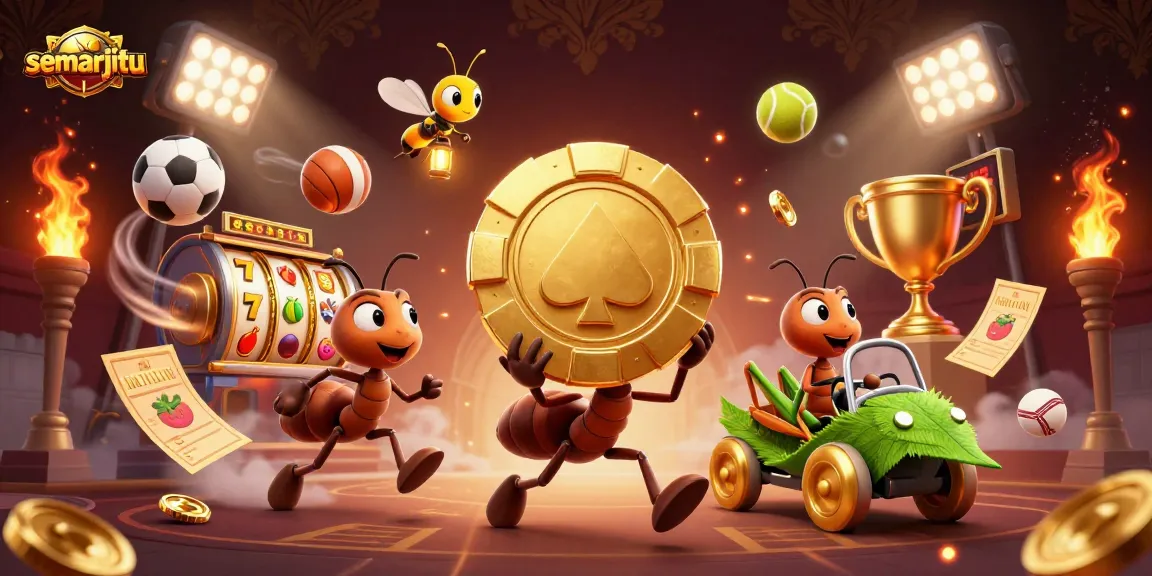 Semarjitu menghadirkan pengalaman bermain kasino yang menarik dengan simbol slot dan chip poker bercahaya.