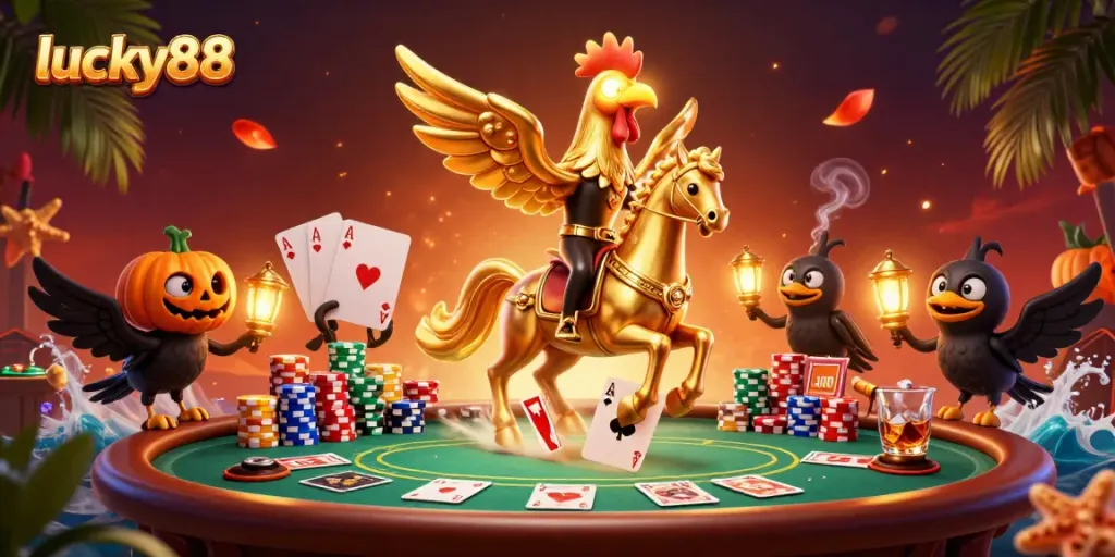 Experience lucky88 gaming in a vibrant casino scene with gold rooster and poker elements.