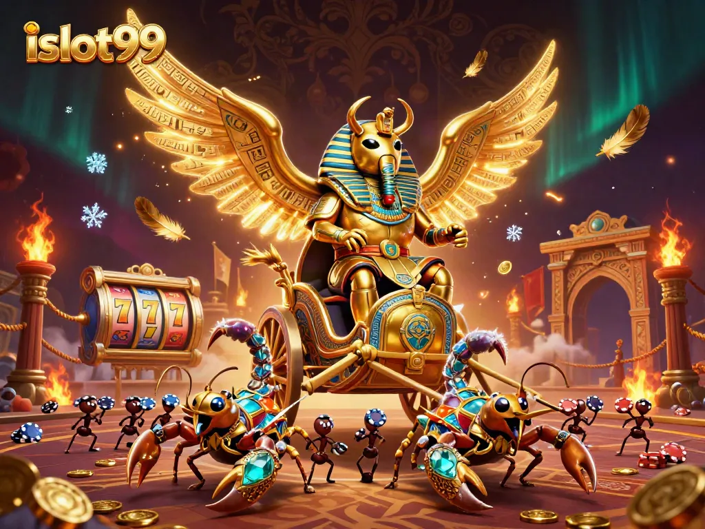 Experience islot99 slots with golden scarab and scorpions in an exciting casino scene.