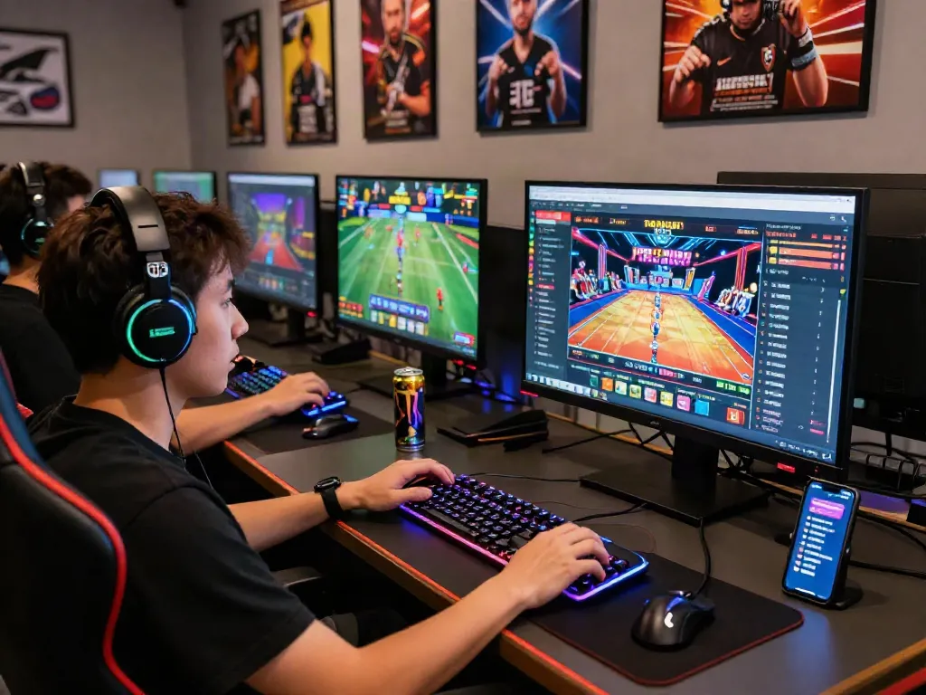 Exciting online gaming experience with ALO8 showcasing a player engaged in live casino gaming, modern tech setup, and energetic atmosphere.