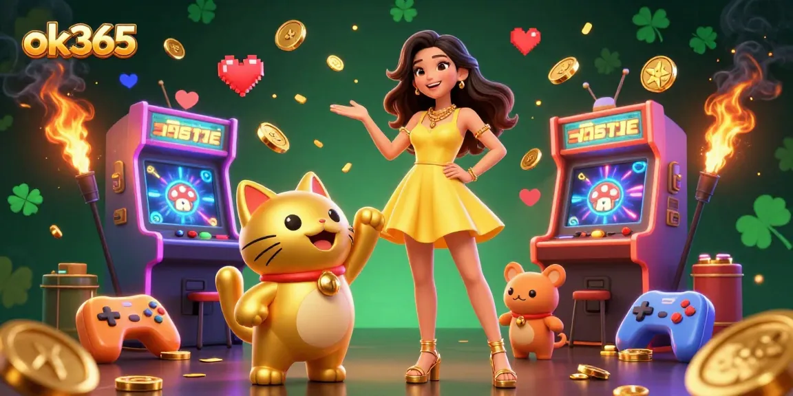 Engage with ok365's vibrant online casino atmosphere filled with gold coins and a lucky cat mascot.