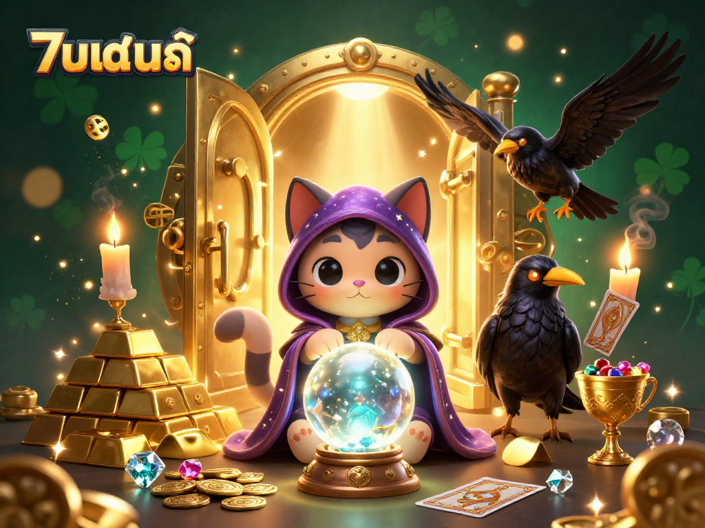 Experience แทงบอลสด with a mystical scene featuring cat fortune teller and raven amidst treasures.