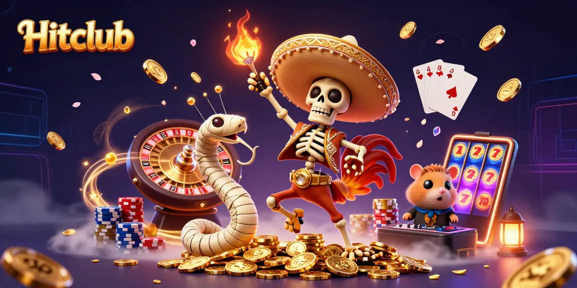 Hitclub brings excitement with a festive 3D casino illustration showcasing vibrant characters and gaming elements.