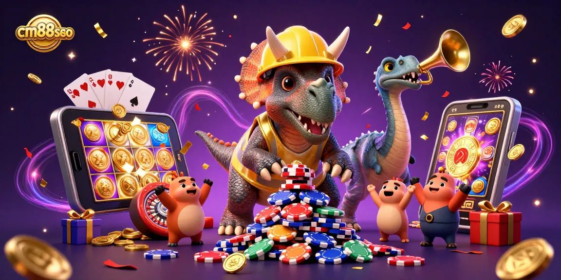 Experience thrilling gameplay at cm88seo with cartoon dinosaurs celebrating over poker chips and vibrant casino elements.