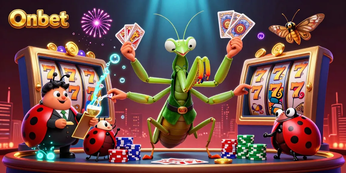 Onbet features a dynamic scene with a card sharp and pit boss amidst vibrant casino elements, enhancing the excitement.