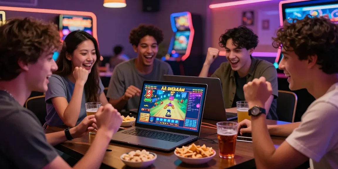 Engaged friends playing game bài đổi thưởng online in a vibrant digital casino