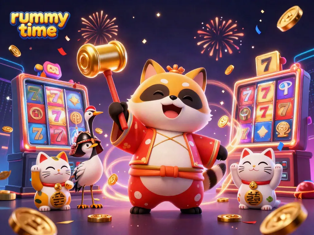 Engage with rummy time through vibrant gaming elements and cheerful characters in a lively casino scene.