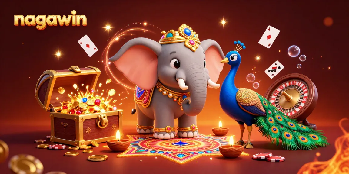 Experience vibrant fun with nagawin in a rich casino-themed 3D illustration featuring a festive elephant and peacock.