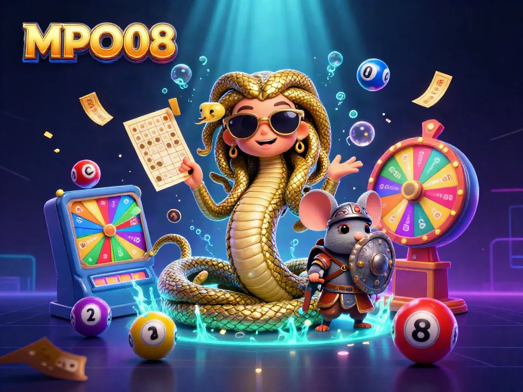 Engage with MPO08's vibrant lottery scene featuring dynamic elements like colorful lottery balls and a winning spirit.
