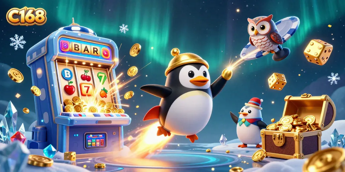 C168 penguin spaceship racing to a casino-themed poker chip station, with coins spilling everywhere and vibrant casino game elements