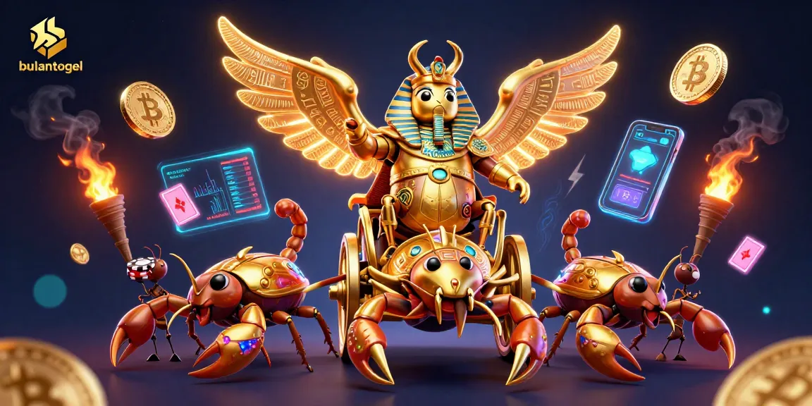 Experience the excitement of bulantogel with a golden scarab beetle and scorpions amidst vibrant casino elements.
