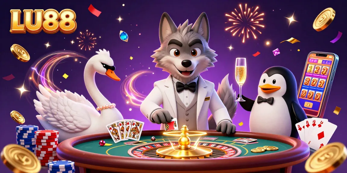 Experience winning with LU88 in a dynamic casino scene featuring lively characters and gaming elements.