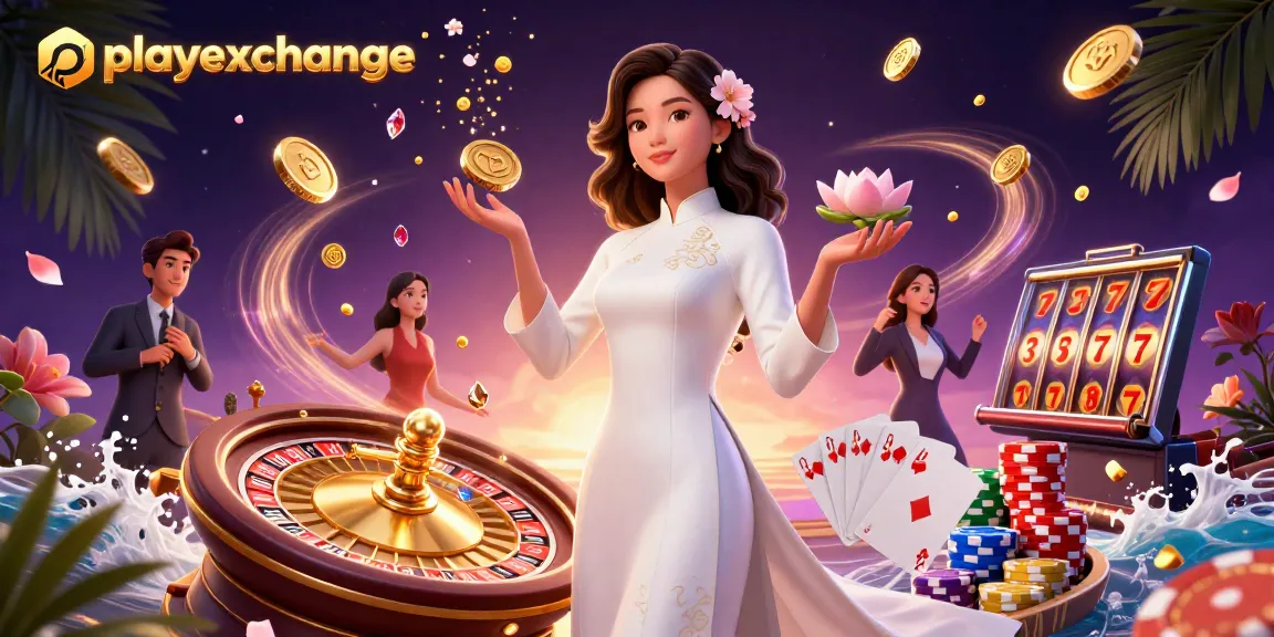 Experience the thrill of playexchange with elegant Asian woman surrounded by casino excitement.