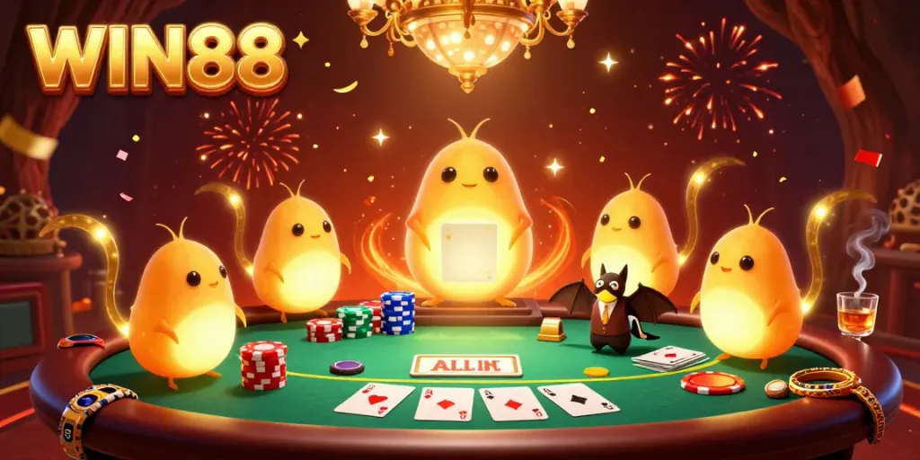 Experience festive excitement at WIN88 with glowworms lighting up a poker cave casino scene.