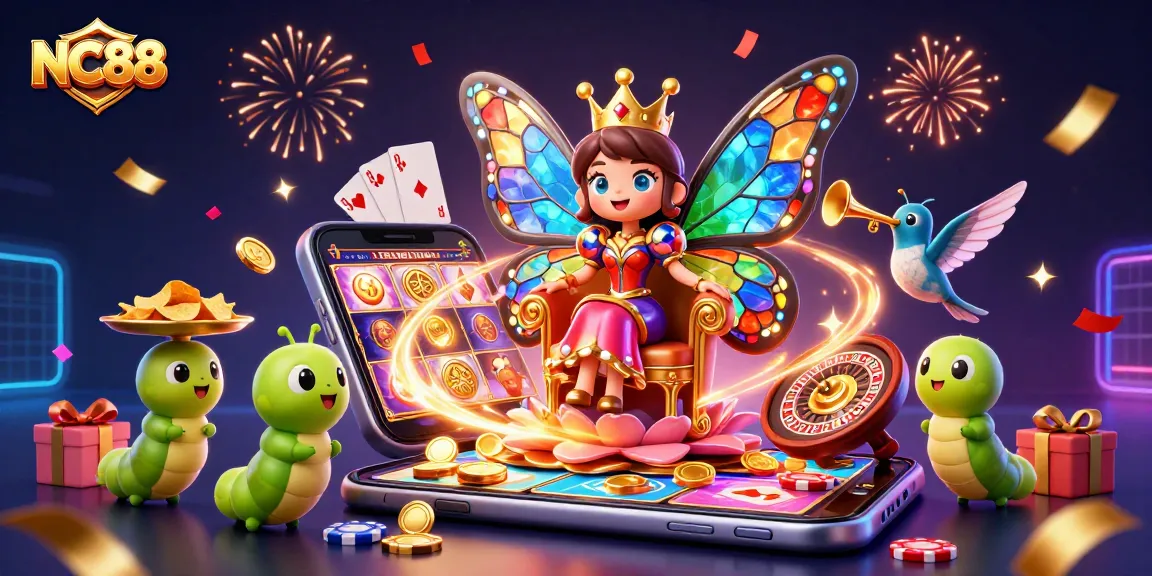 Engage with NC88's thrilling 3D gaming scene featuring a lively slot game and vibrant casino elements.