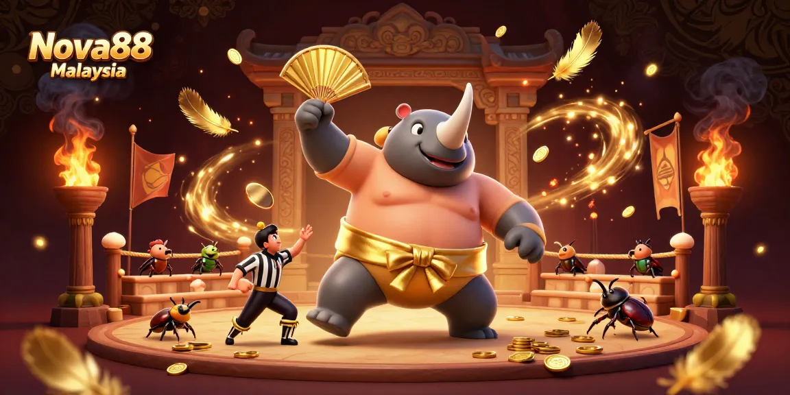 Experience the excitement of Nova88 Malaysia with a dynamic 3D illustration featuring a sumo champion beetle.