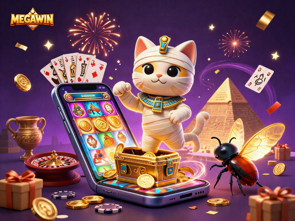 Win big with MEGAWIN as the Egyptian mummy cat bursts into action in a dazzling casino scene.