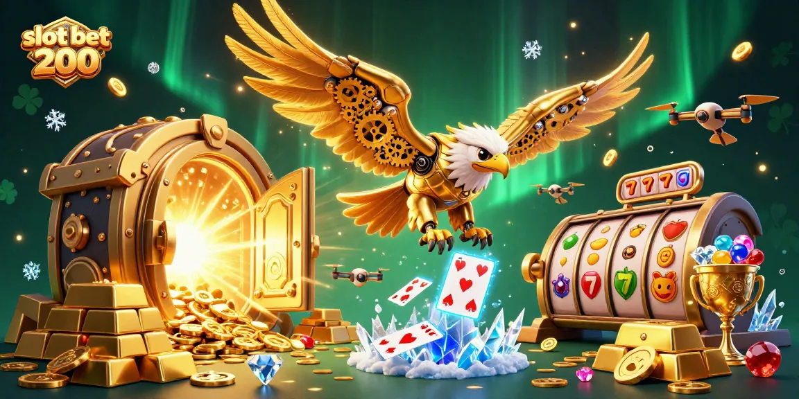 Spin to win with slot bet 200 as a golden eagle dives through holographic cards.