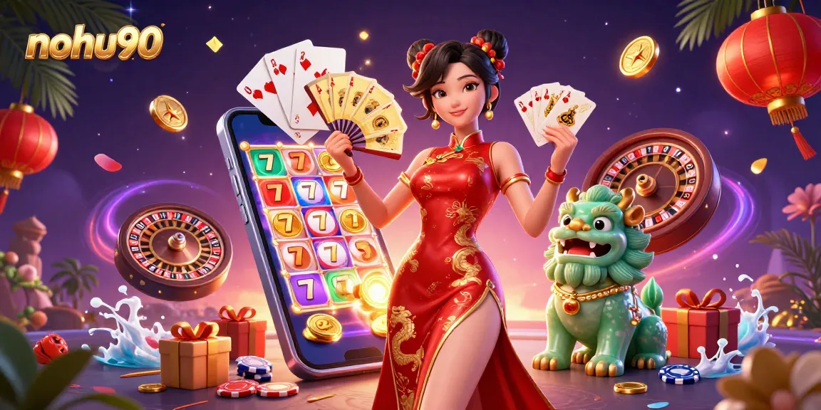 Experience the excitement of nohu90 with a dynamic casino scene showcasing vibrant slot games and colorful characters.