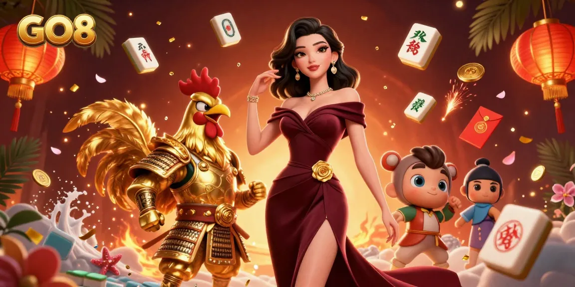 Experience the excitement of GO8 with a glamorous scene featuring a lady in red and a golden rooster warrior.