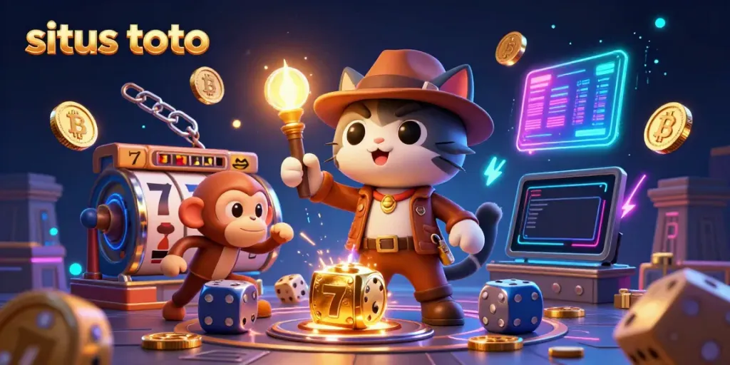 Engage with situs toto gameplay, vibrant 3D illustration of a cat explorer and monkey discovering casino treasures.