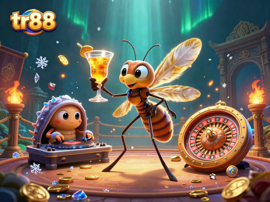 Engage with tr88 in a vibrant casino scene featuring ancient motifs, a dynamic trilobite DJ, and golden roulette