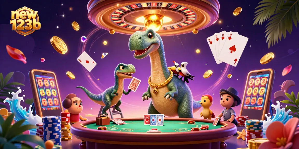 new123b captures a playful scene with a dinosaur in a casino, expertly dealing cards