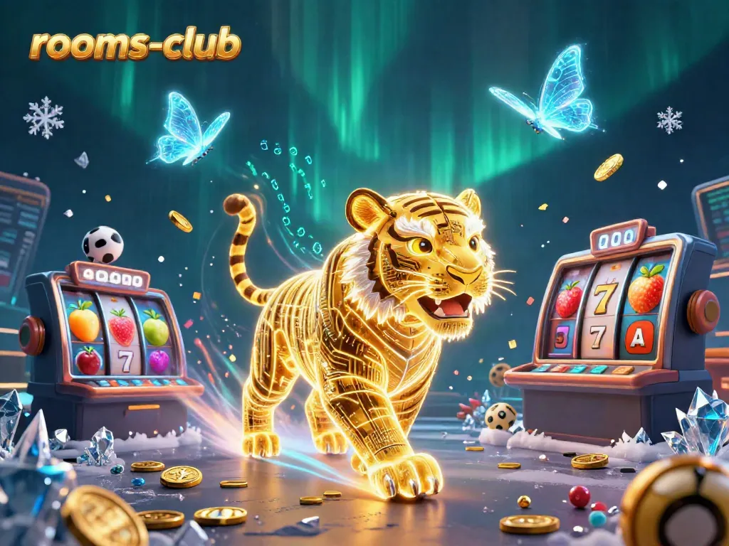 Rasakan keseruan bermain di rooms-club dengan karakter harimau emas berenergi, simbol slot, dan efek kemenangan yang memukau