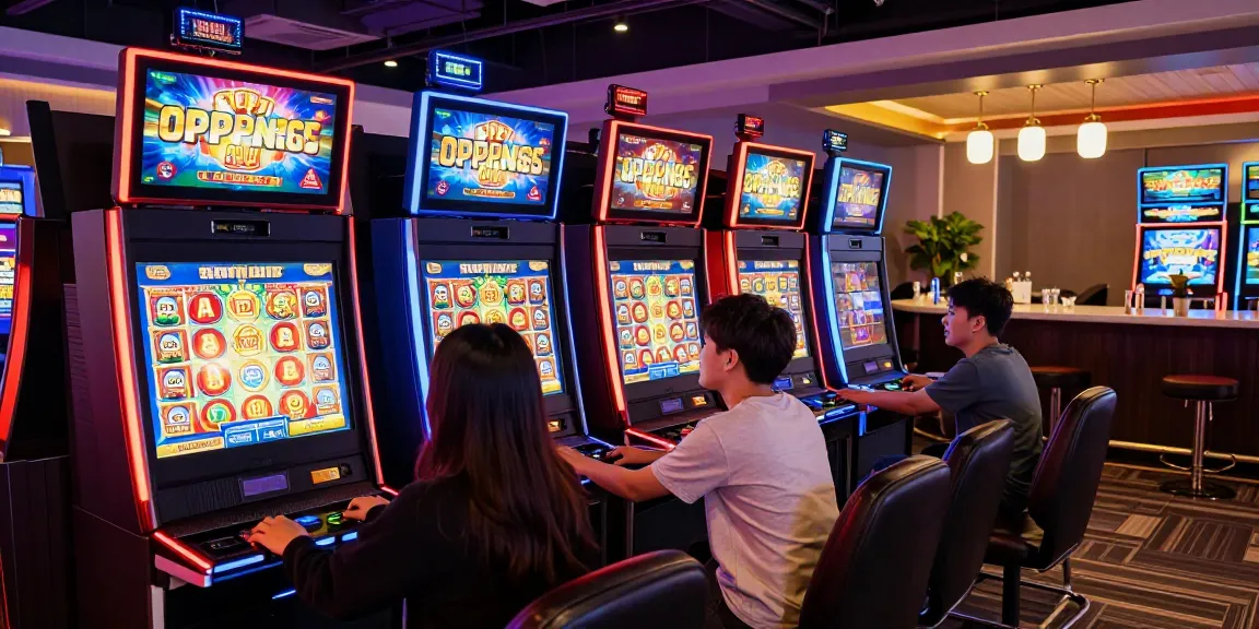 Exciting OPPA86 situs gaming atmosphere with players enjoying vibrant slot machines and daily bonus spins.
