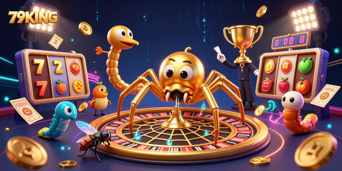 Bet on 79KING with a spider spinning a roulette wheel web amidst vibrant casino elements.