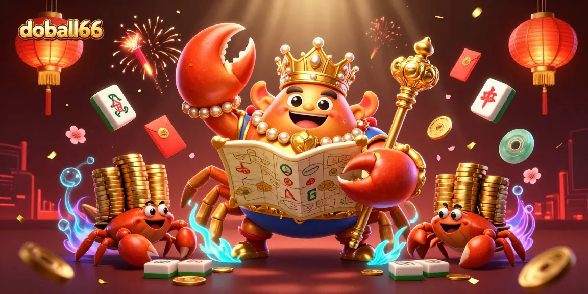 Experience the excitement of doball66 with a dynamic scene featuring the golden crab emperor in a vibrant casino setting.