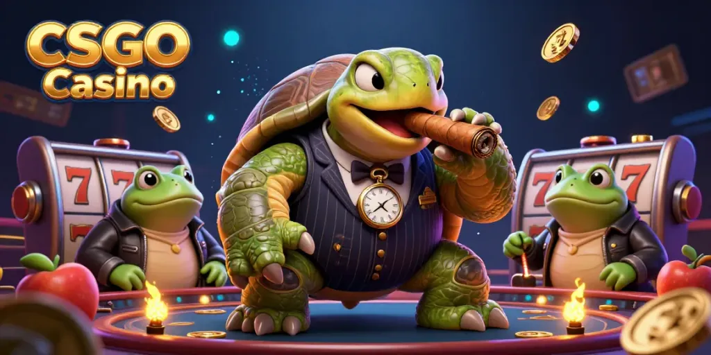 Enjoy CSGO Casino's vibrant gambling atmosphere with a mobster turtle and bullfrog enforcers.