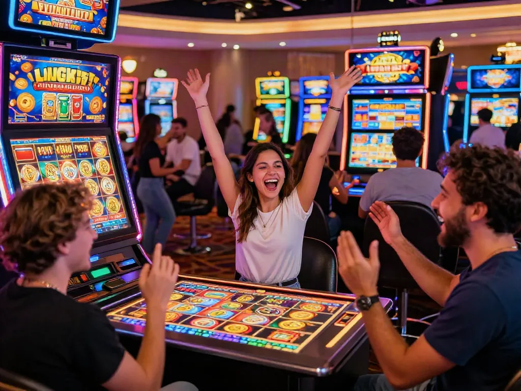 Group celebrating a win at Lucky777 slot machine, vibrant casino atmosphere.