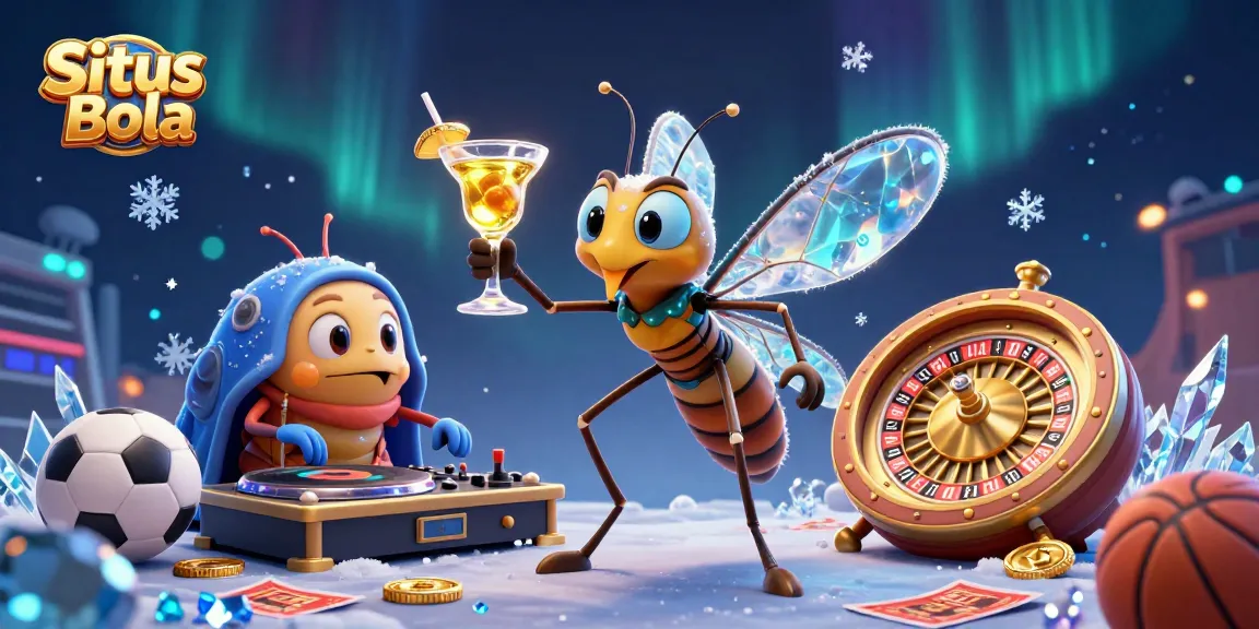 Situs Bola features a colorful 3D cartoon scene with a mosquito mascot and sports-themed elements including a soccer ball and stadium.