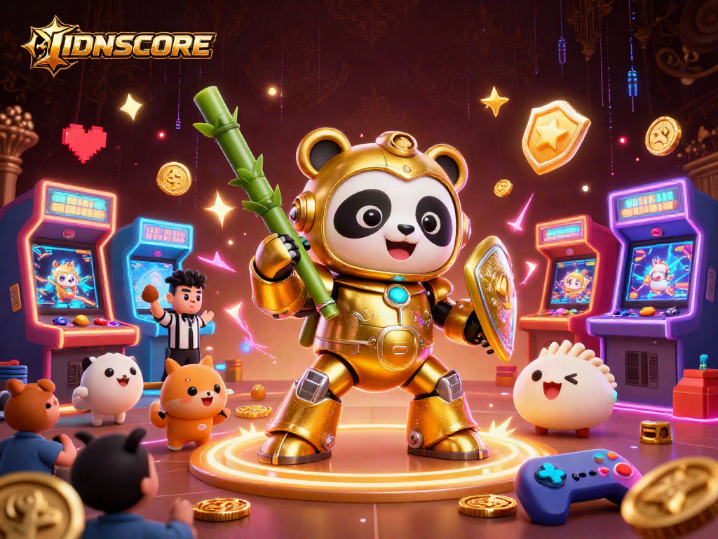 Engage with IDNSCORE through a vibrant golden panda robot in a dynamic gaming arena.