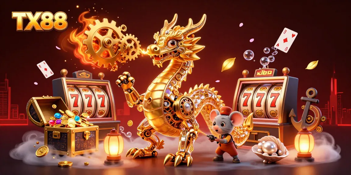 Experience immersive gaming action at TX88 with a dynamic 3D scene showcasing excitement and treasure.