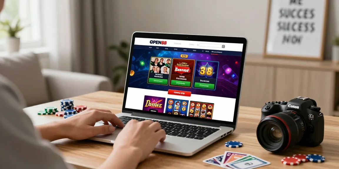 Engaging user exploring OPEN88 online gaming platform on laptop with colorful graphics.