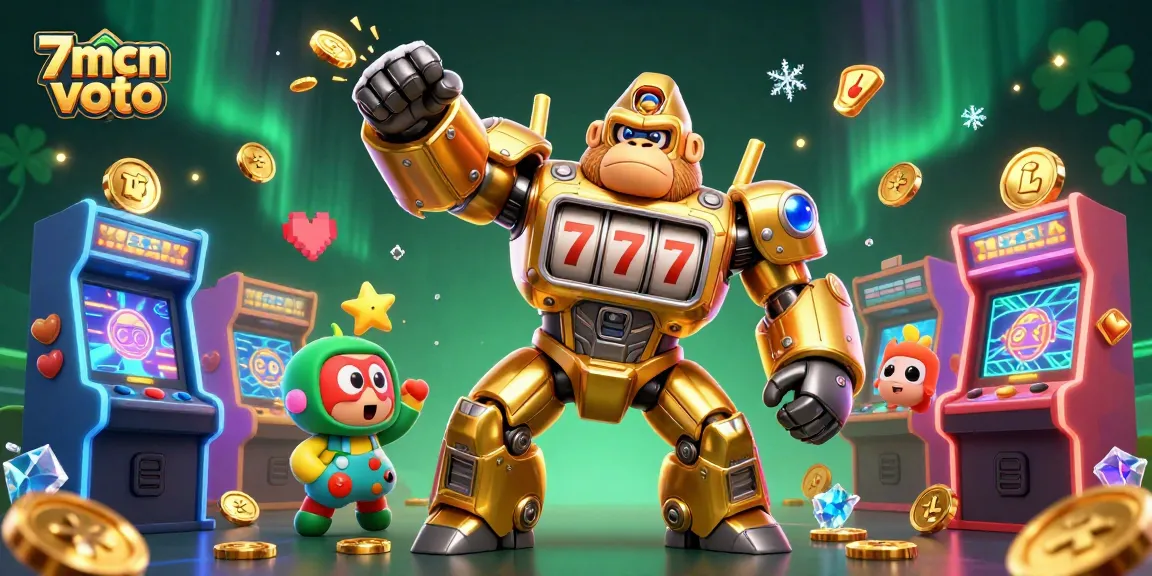 Experience epic wins with 7mcn voto featuring a golden gorilla mech and casino game elements.
