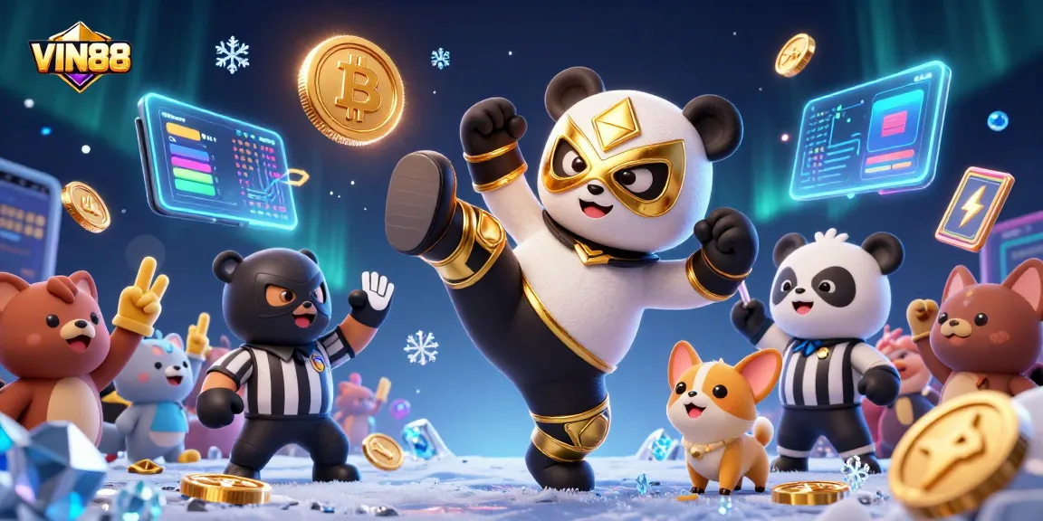 VIN88 engages players with a thrilling scene of a panda wrestler amidst vibrant crypto elements.