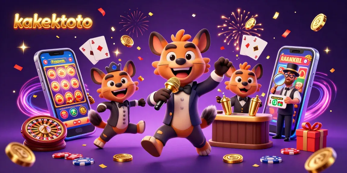 Kakektoto hyenas perform comedy in a dynamic casino scene with vibrant slot games and celebratory elements.