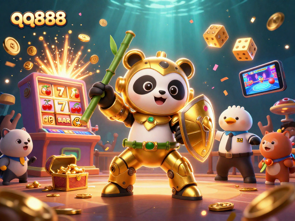 Witness the stunning qq888 casino scene where a golden panda battles amid a vibrant 3D slot explosion.