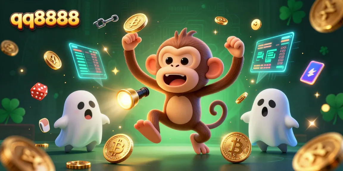 Engage with the thrilling world of qq8888 as a mischievous monkey juggles casino treasures in a haunted scene.