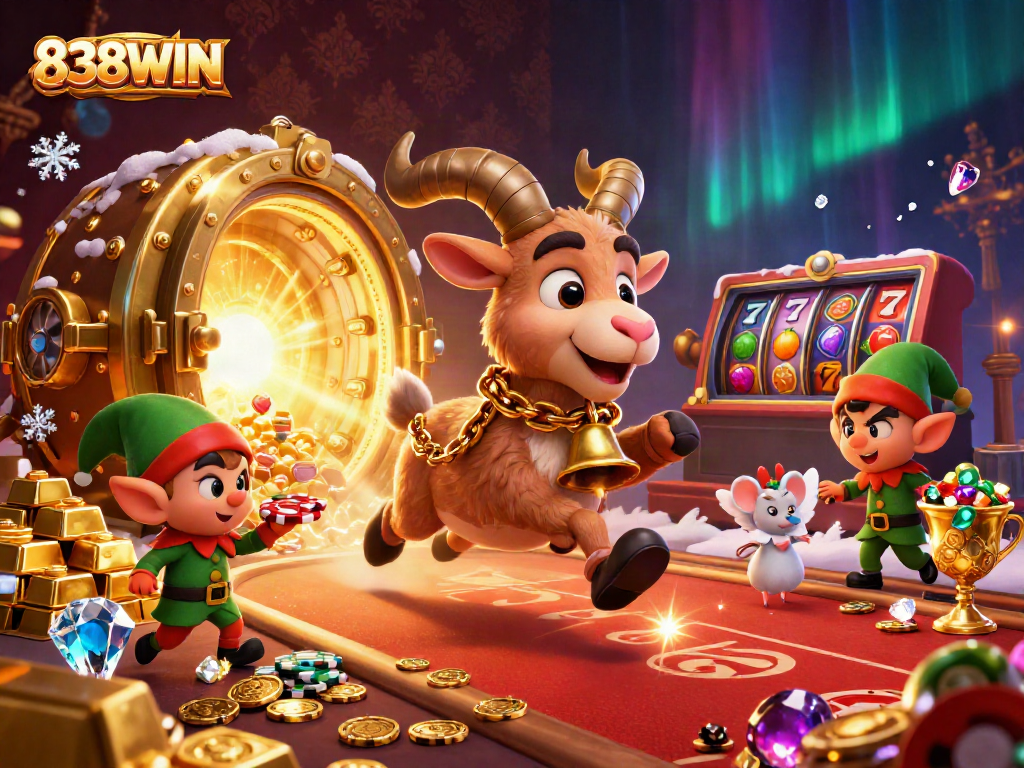 Experience the thrill of 838WIN with cartoon characters playing vibrant slots in a festive casino scene.